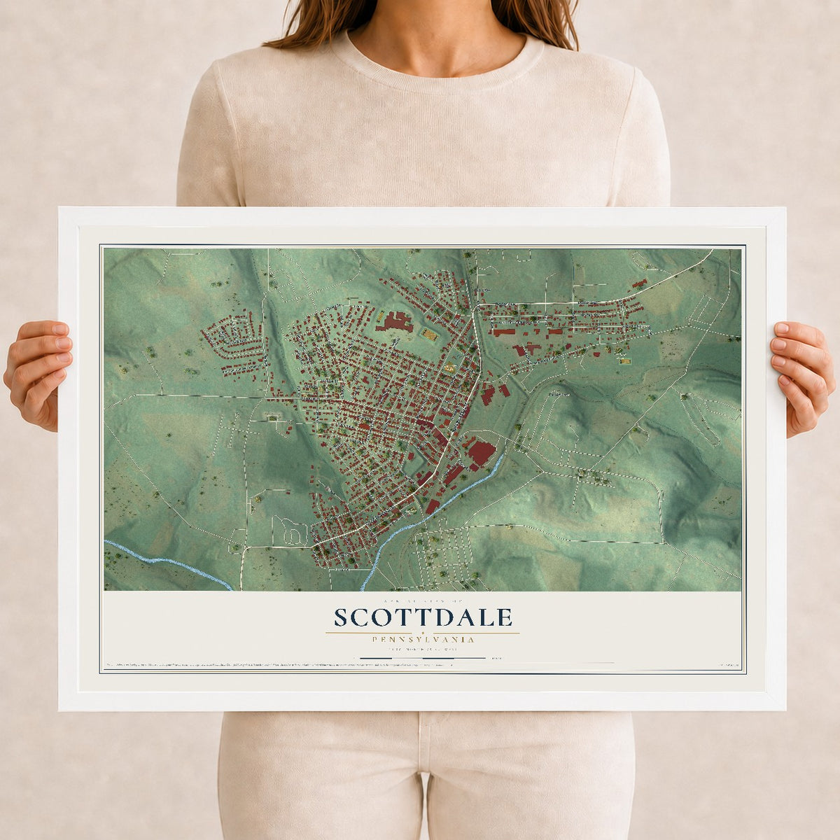 Map of Scottdale, Pennsylvania, 12 x 18 inch print in a white wood frame