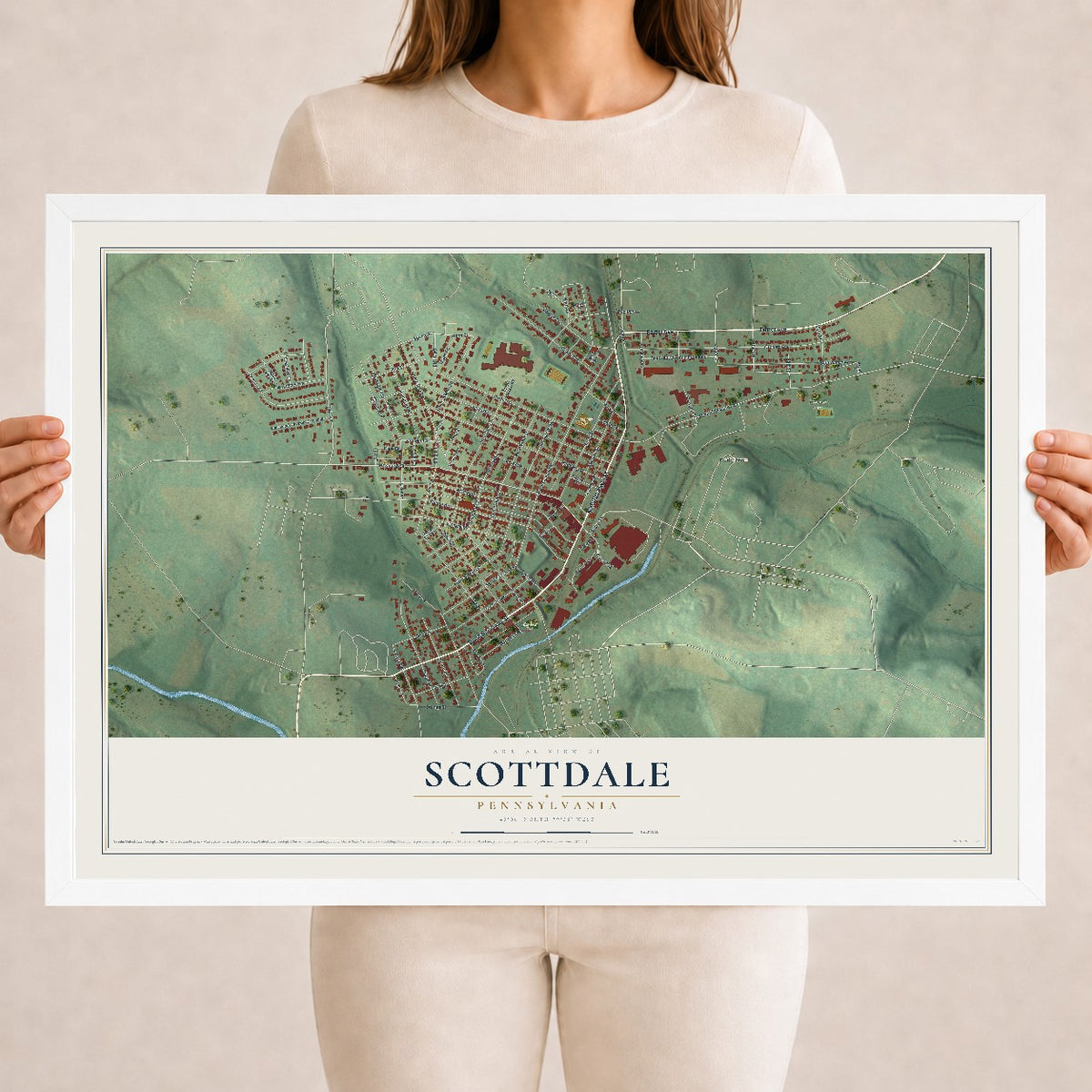 Map of Scottdale, Pennsylvania, 18 x 24 inch print in a white wood frame