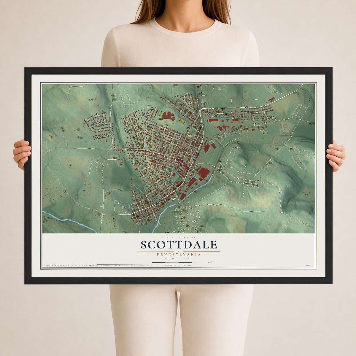 Map of Scottdale, Pennsylvania, 24 x 36 inch print in a black wood frame