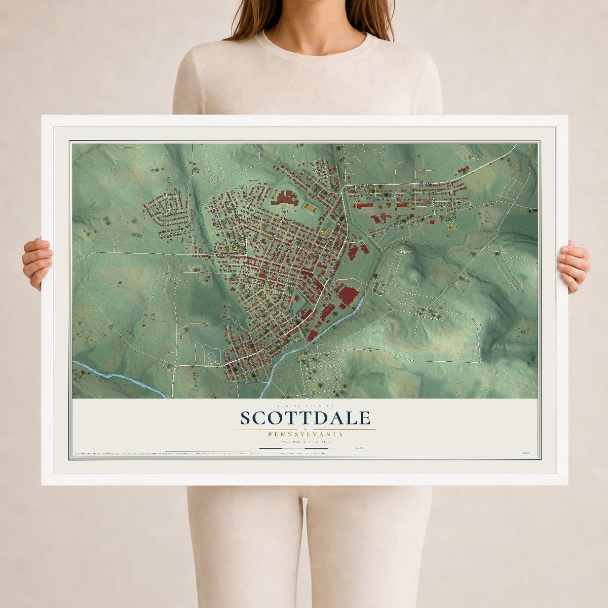 Map of Scottdale, Pennsylvania, 24 x 36 inch print in a white wood frame