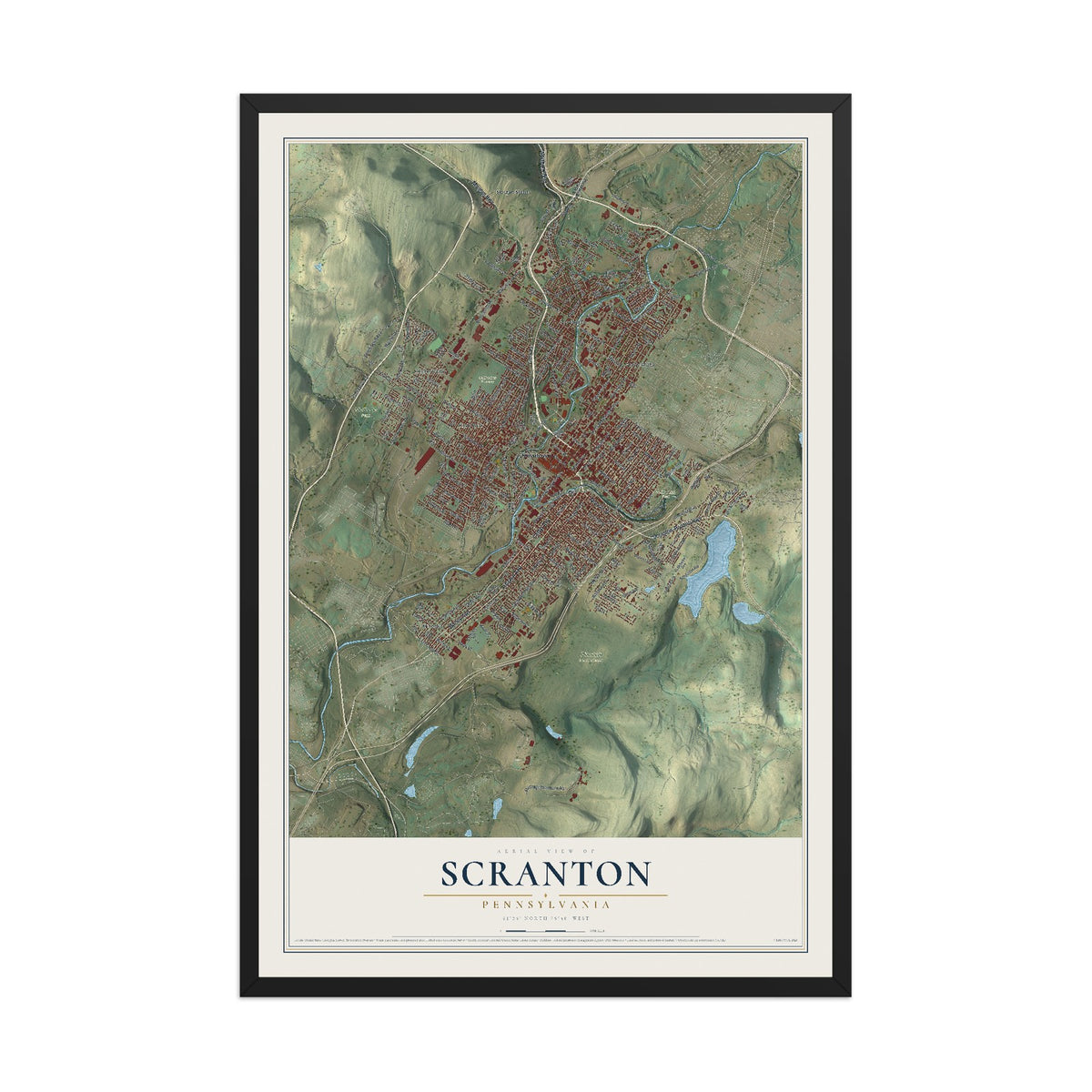 Map of Scranton, Pennsylvania, 12 x 18 inch print in a black wood frame