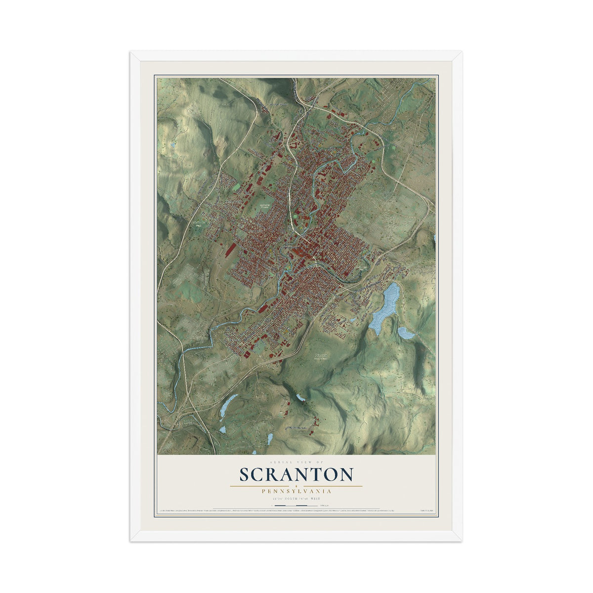 Map of Scranton, Pennsylvania, 12 x 18 inch print in a white wood frame