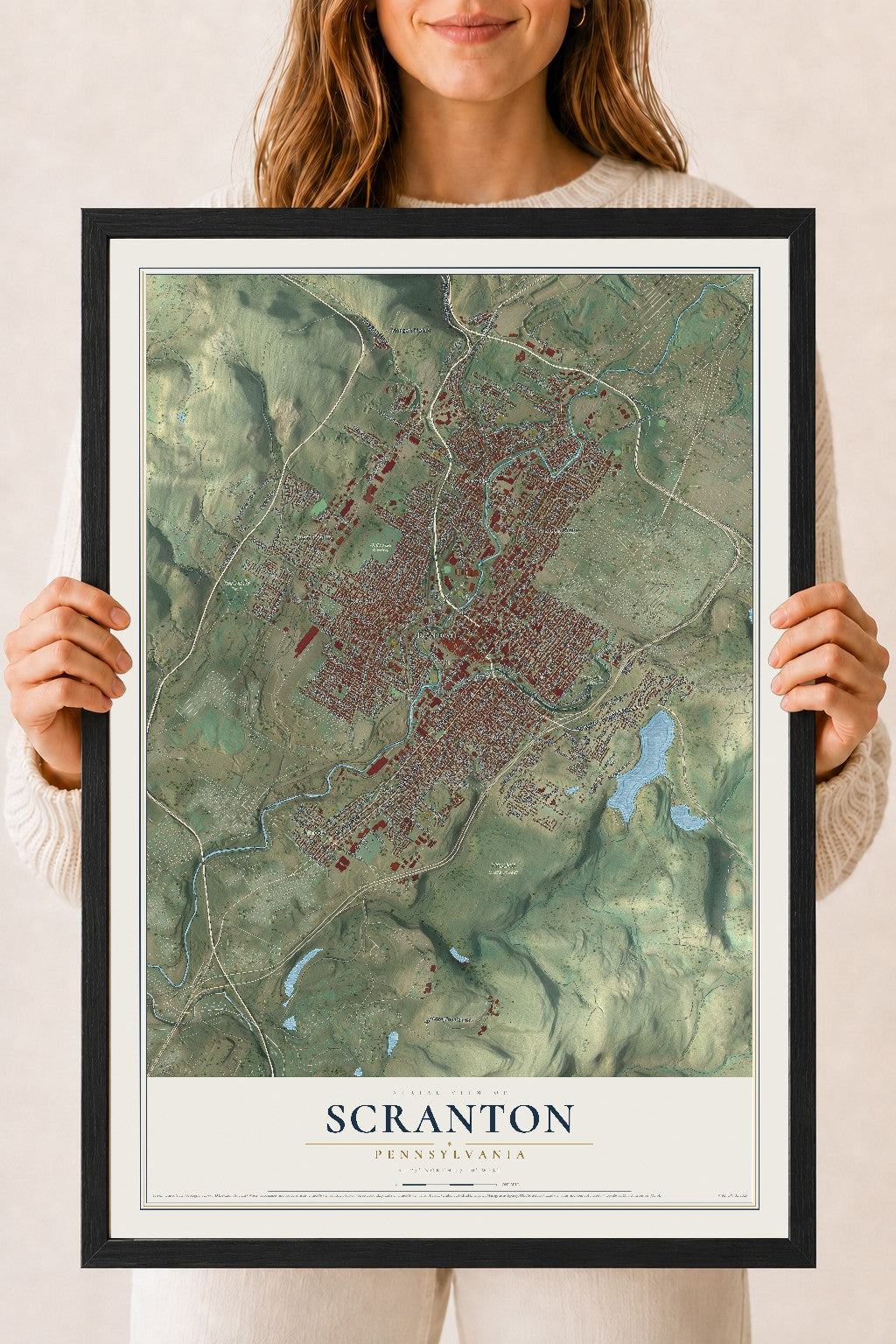 Map of Scranton, Pennsylvania, 18 x 24 inch print in a black wood frame