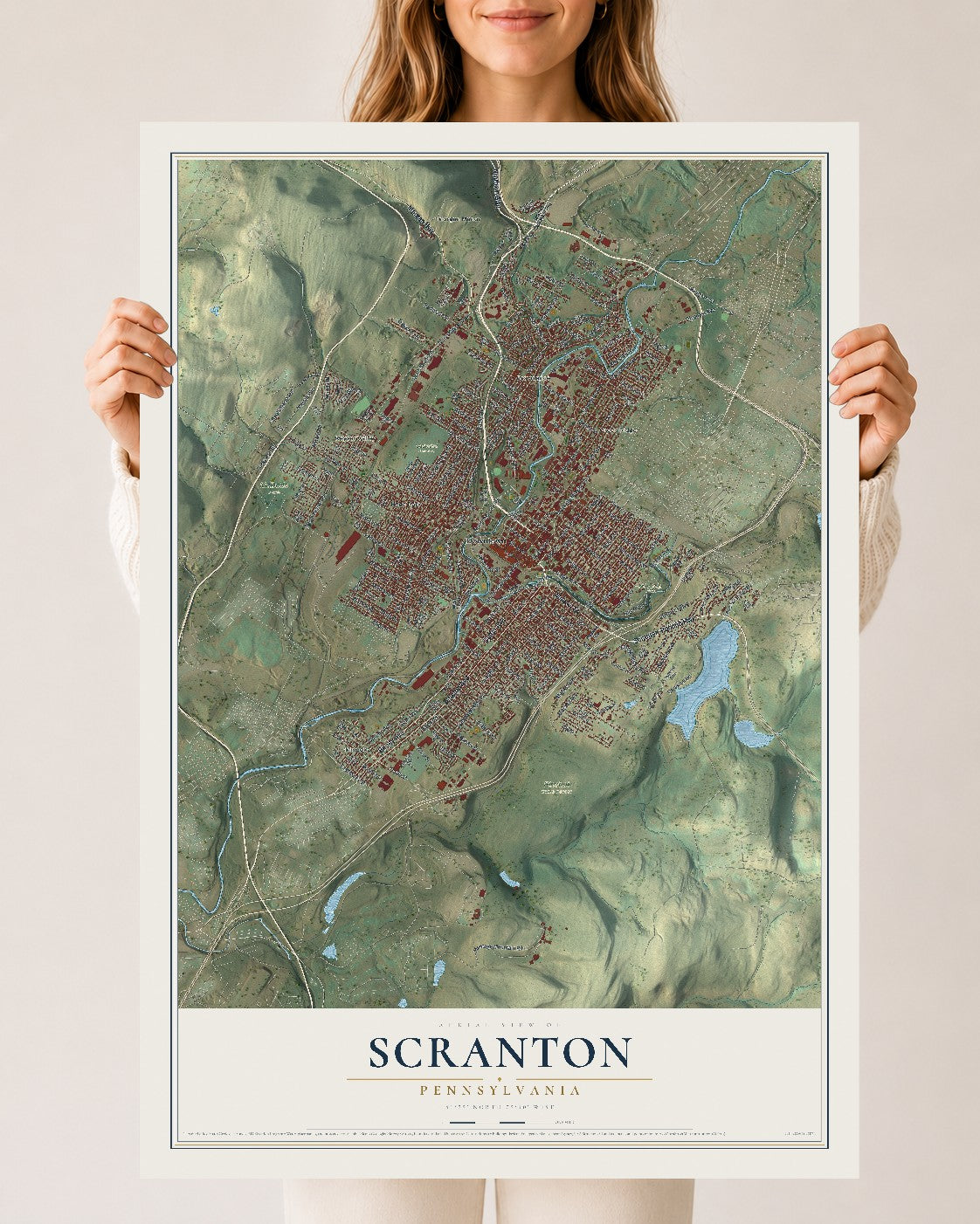 Map of Scranton, Pennsylvania, 24 x 36 inch unframed archival matte print