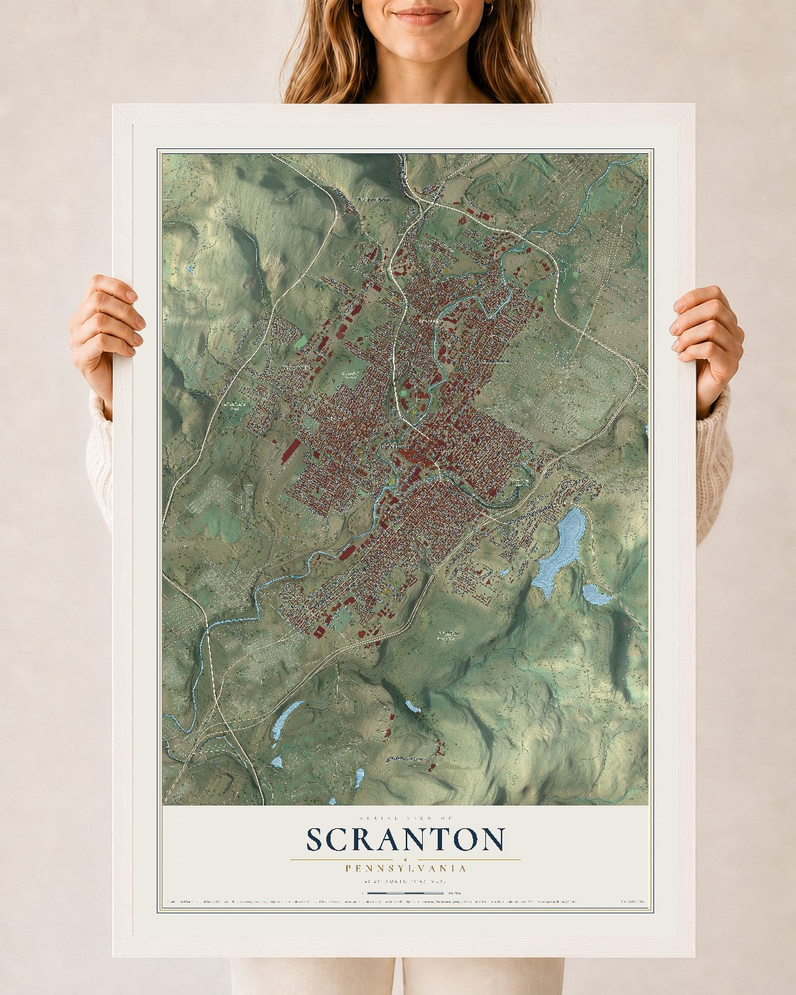 Map of Scranton, Pennsylvania, 24 x 36 inch print in a white wood frame