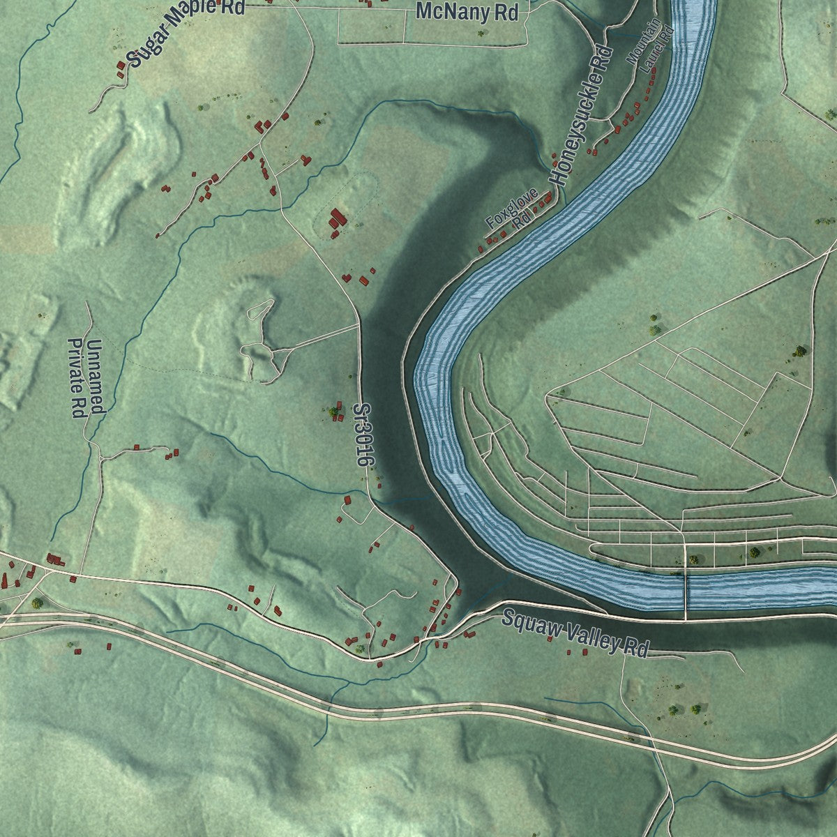 Close-up of the map of Scrubgrass, Pennsylvania print showing street and building detail