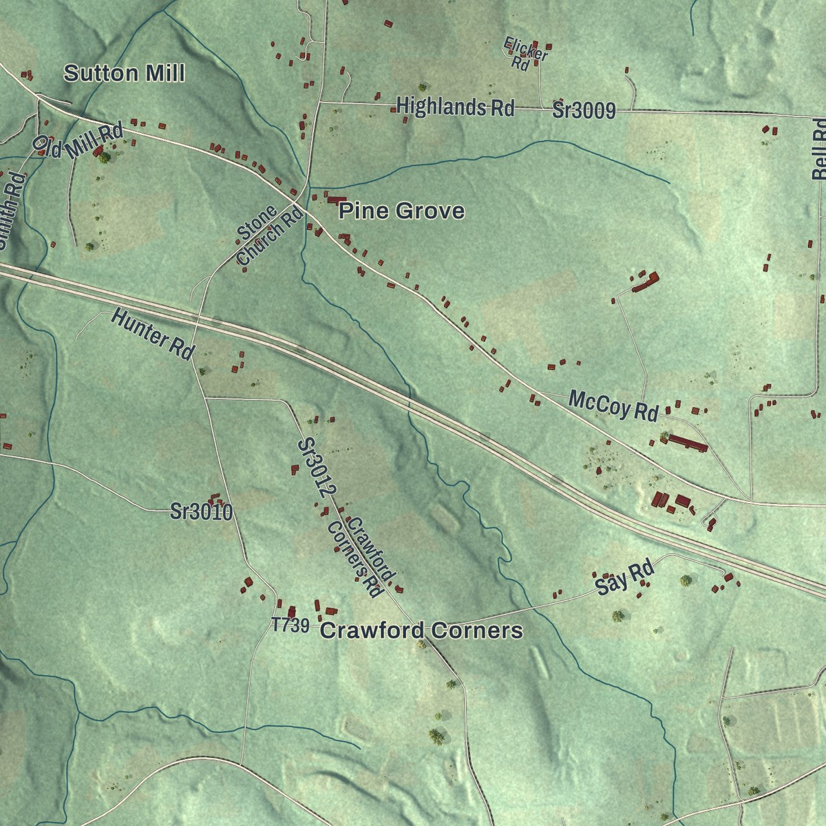 Second close-up of the map of Scrubgrass, Pennsylvania print showing more streets and buildings