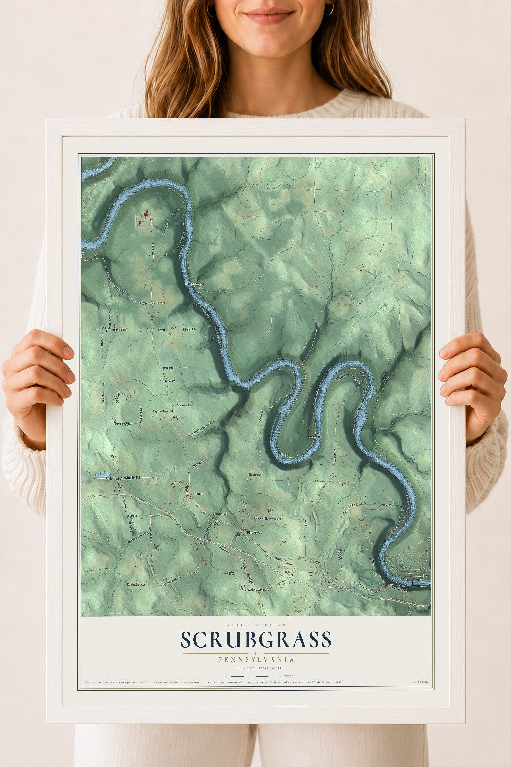 Map of Scrubgrass, Pennsylvania, 18 x 24 inch print in a white wood frame