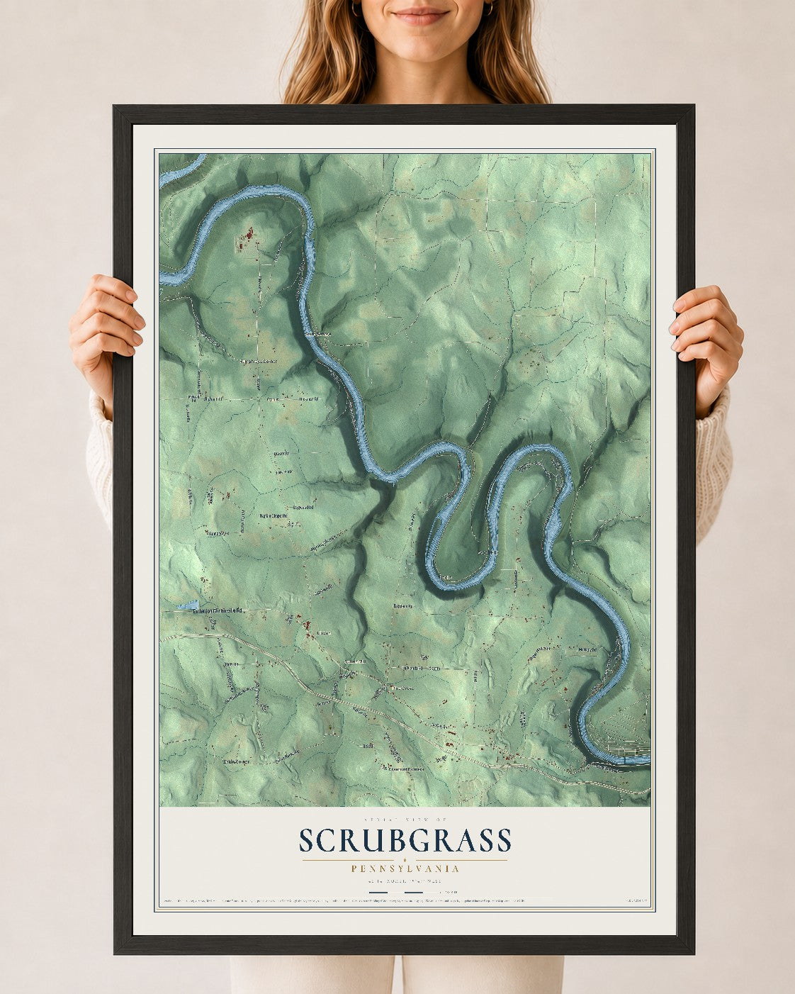 Map of Scrubgrass, Pennsylvania, 24 x 36 inch print in a black wood frame