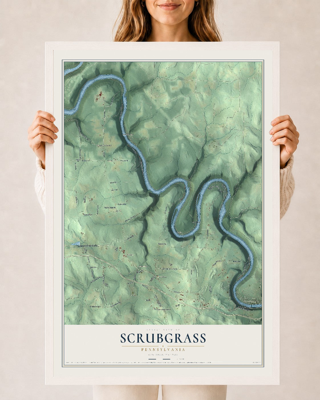 Map of Scrubgrass, Pennsylvania, 24 x 36 inch print in a white wood frame