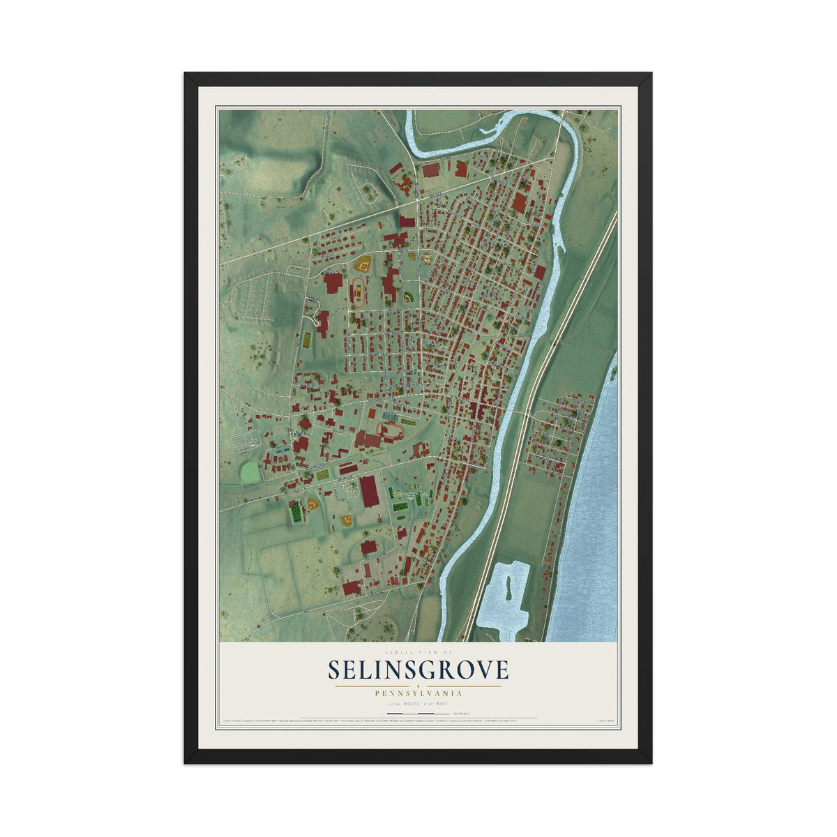 Map of Selinsgrove, Pennsylvania, 12 x 18 inch print in a black wood frame