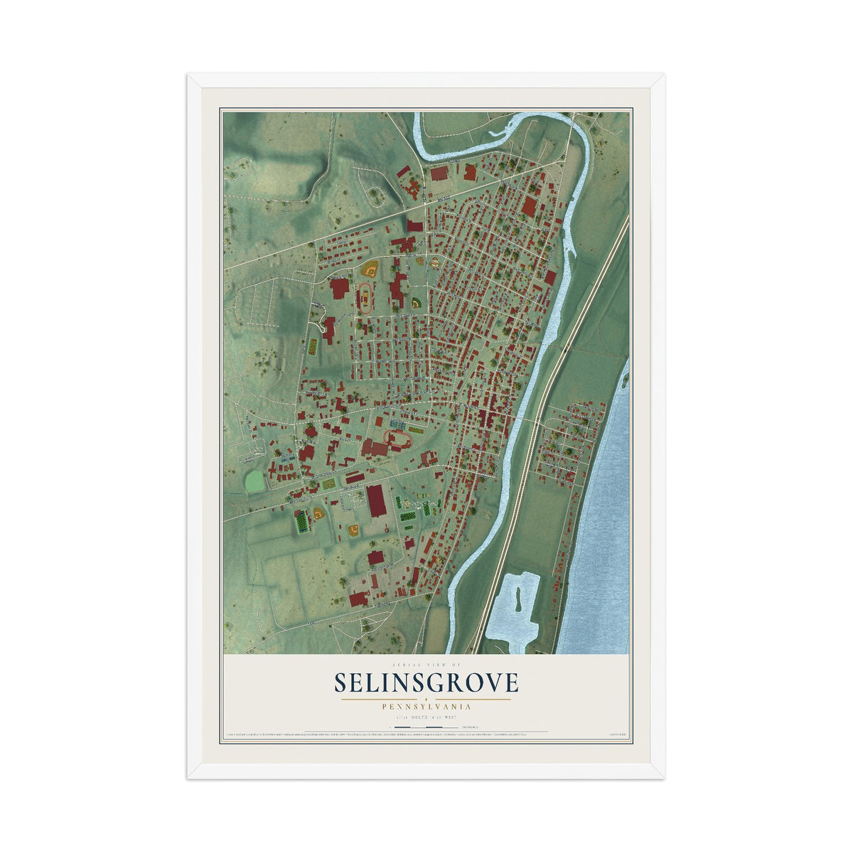 Map of Selinsgrove, Pennsylvania, 12 x 18 inch print in a white wood frame