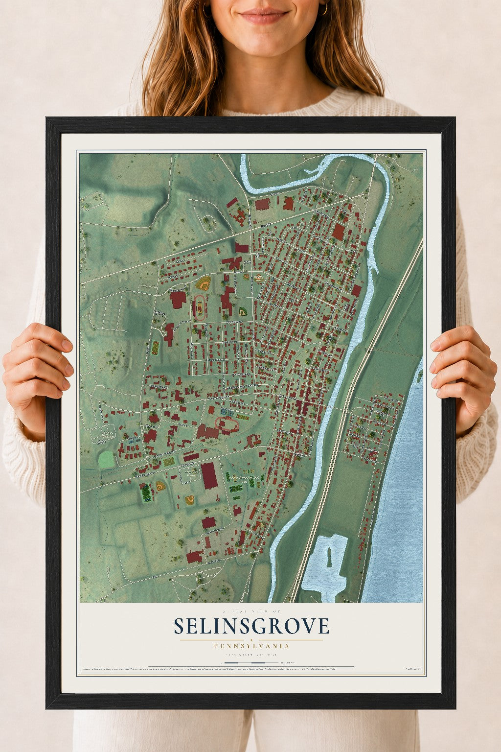 Map of Selinsgrove, Pennsylvania, 18 x 24 inch print in a black wood frame