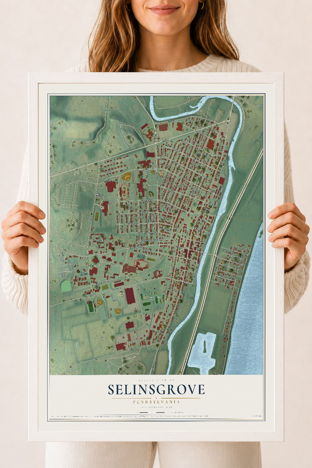 Map of Selinsgrove, Pennsylvania, 18 x 24 inch print in a white wood frame