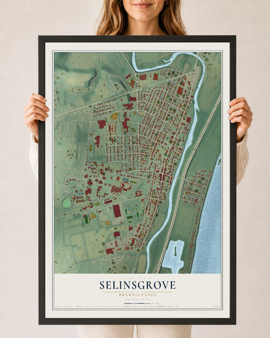 Map of Selinsgrove, Pennsylvania, 24 x 36 inch print in a black wood frame