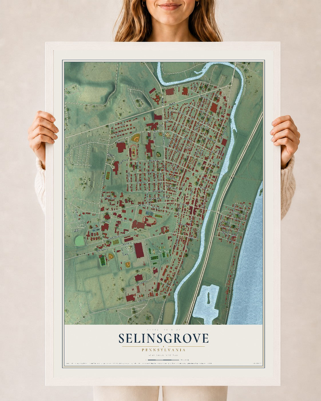 Map of Selinsgrove, Pennsylvania, 24 x 36 inch print in a white wood frame