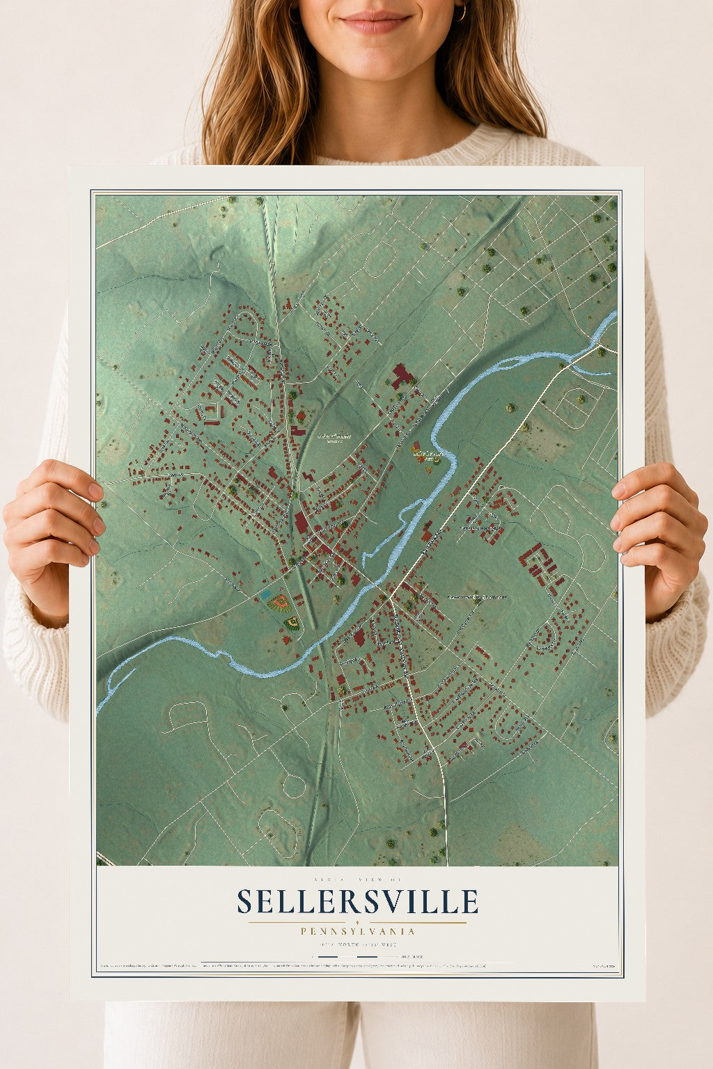 Map of Sellersville, Pennsylvania, 18 x 24 inch unframed archival matte print