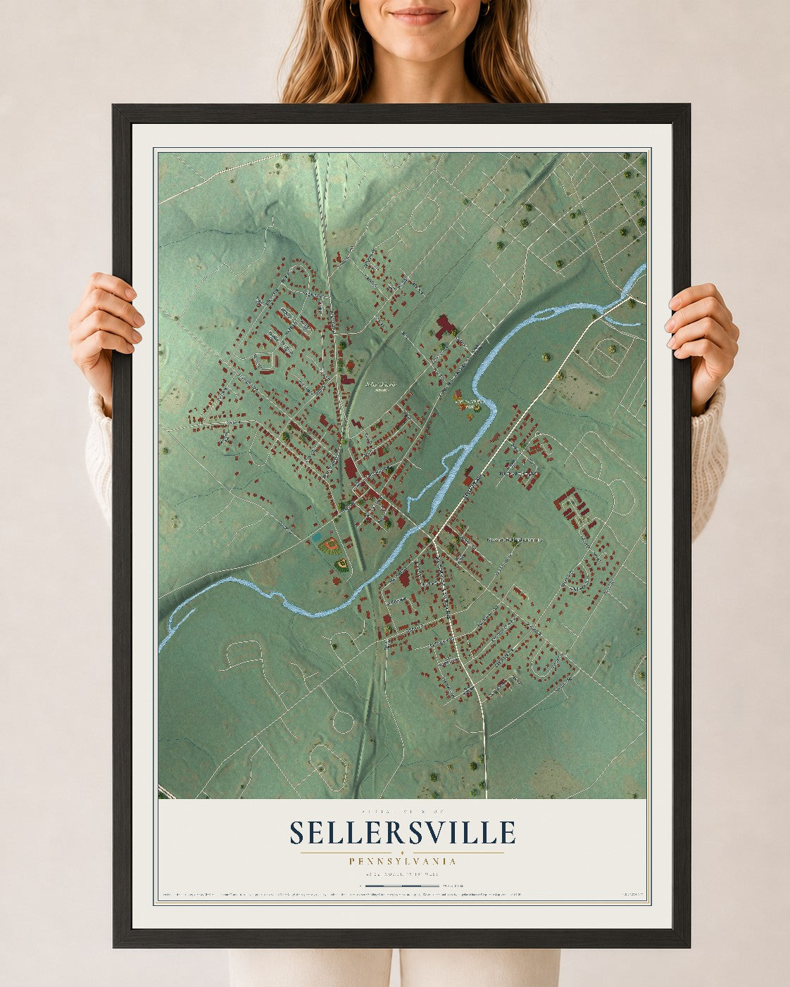 Map of Sellersville, Pennsylvania, 24 x 36 inch print in a black wood frame