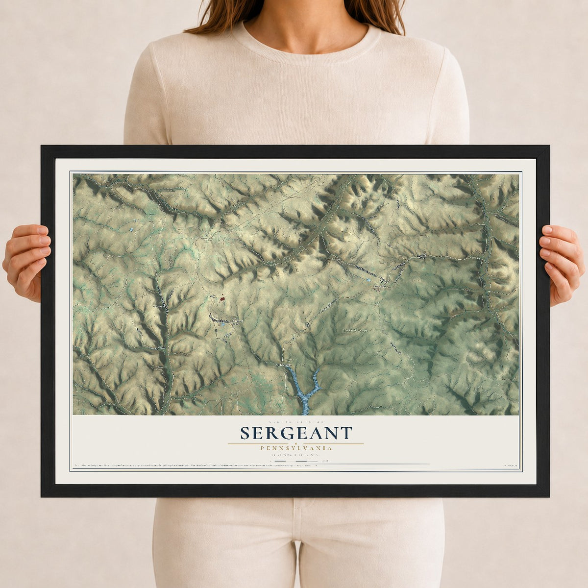 Map of Sergeant, Pennsylvania, 12 x 18 inch print in a black wood frame