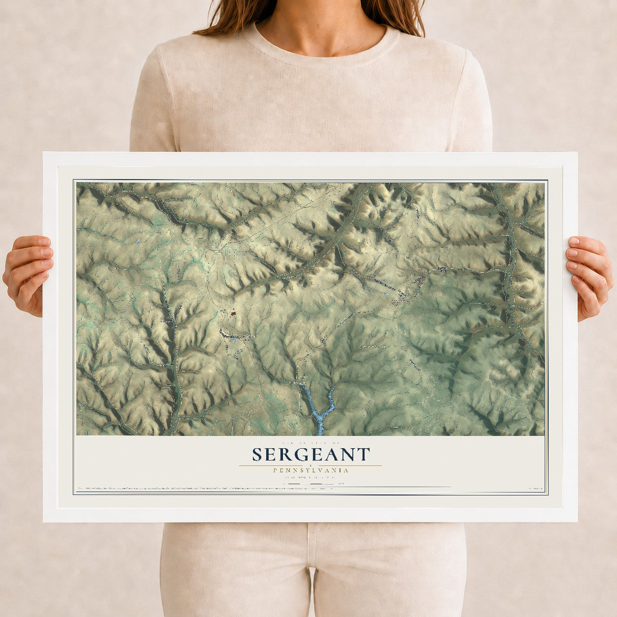 Map of Sergeant, Pennsylvania, 12 x 18 inch print in a white wood frame