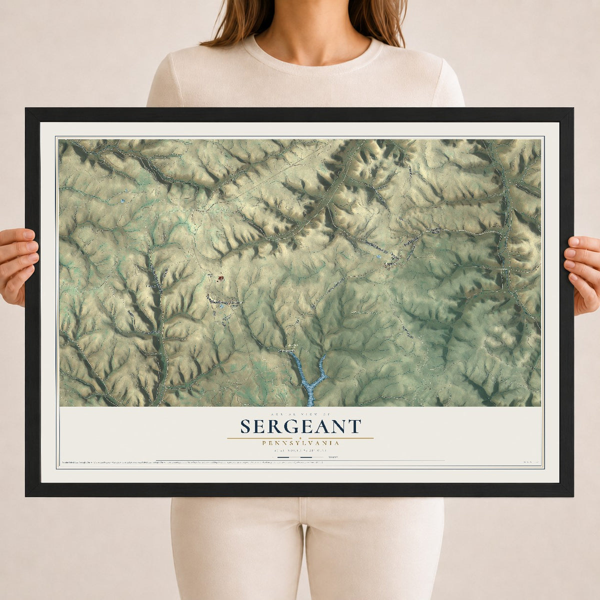 Map of Sergeant, Pennsylvania, 18 x 24 inch print in a black wood frame