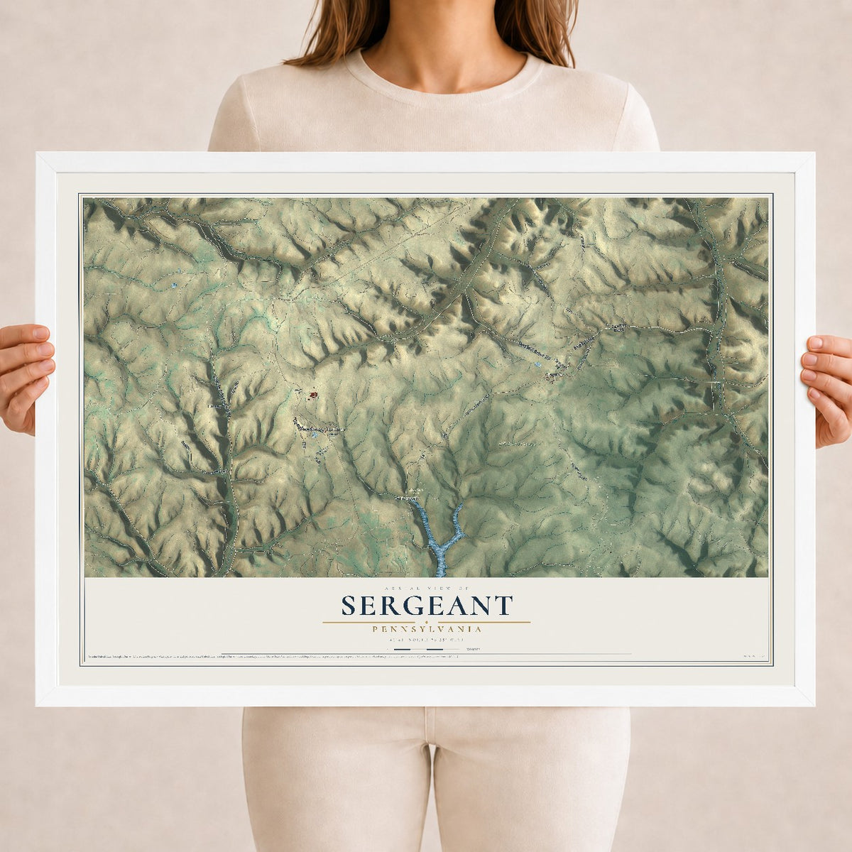 Map of Sergeant, Pennsylvania, 18 x 24 inch print in a white wood frame