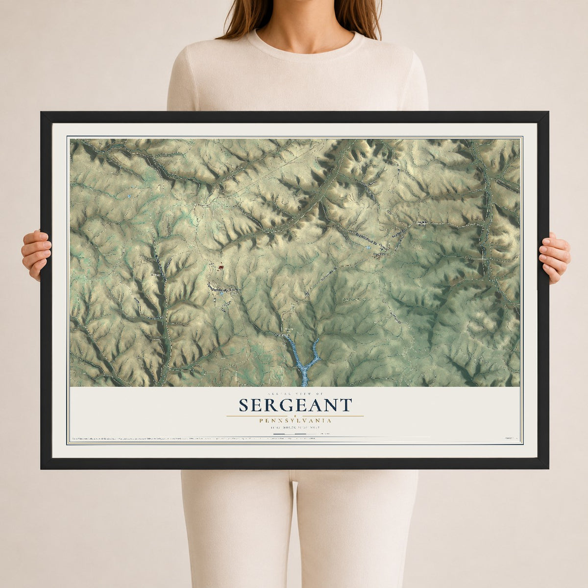 Map of Sergeant, Pennsylvania, 24 x 36 inch print in a black wood frame