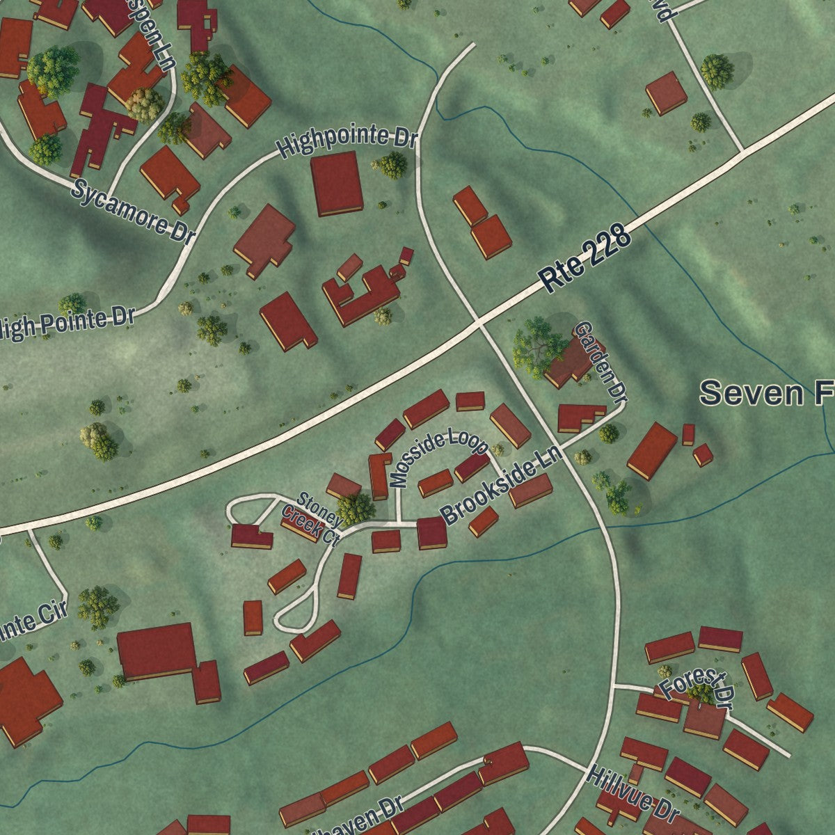 Second close-up of the map of Seven Fields, Pennsylvania print showing more streets and buildings