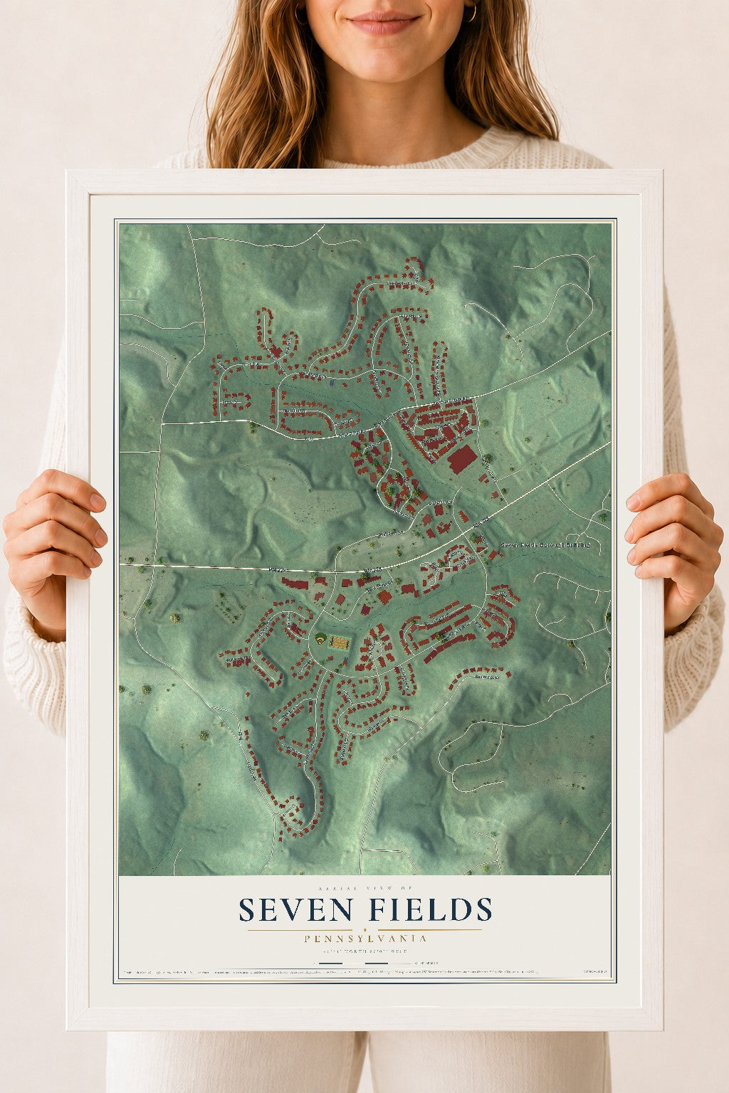 Map of Seven Fields, Pennsylvania, 18 x 24 inch print in a white wood frame