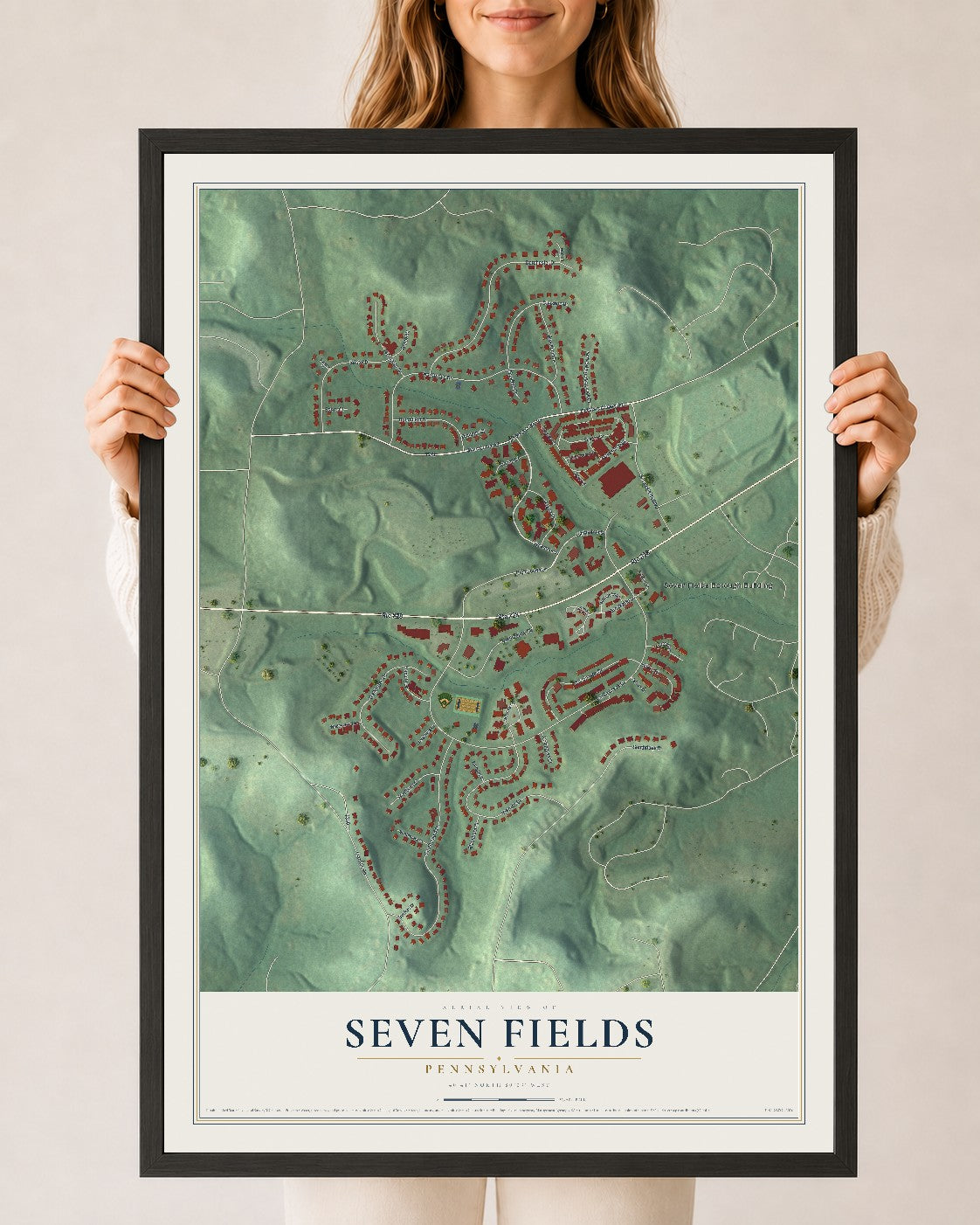 Map of Seven Fields, Pennsylvania, 24 x 36 inch print in a black wood frame