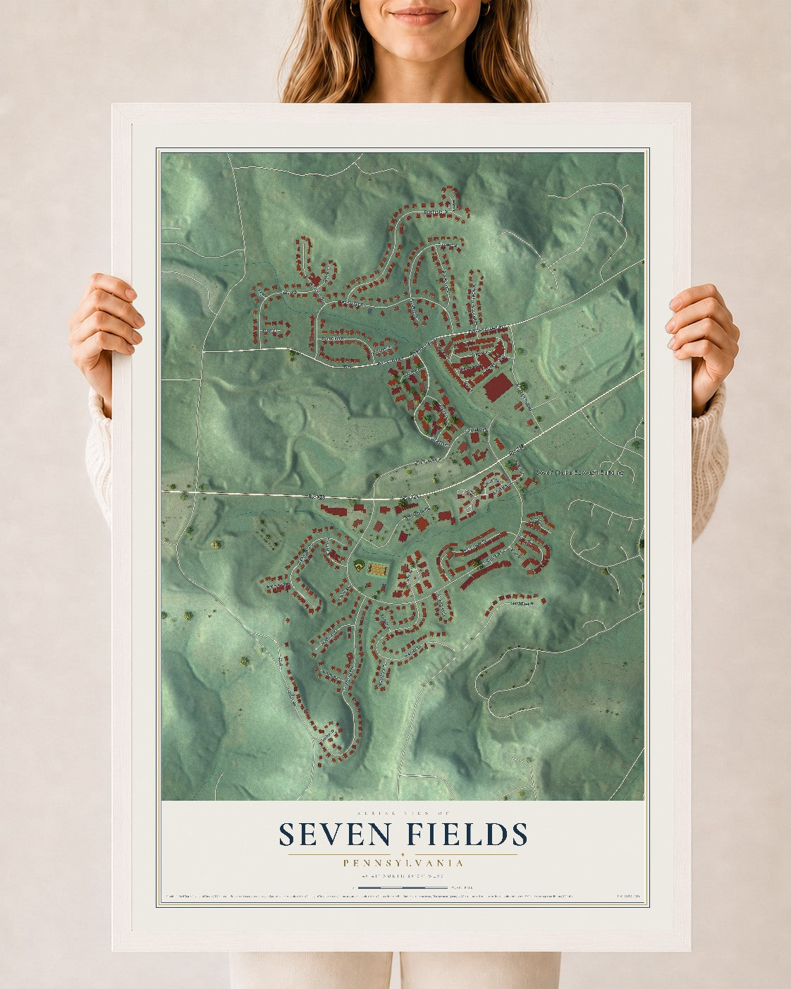 Map of Seven Fields, Pennsylvania, 24 x 36 inch print in a white wood frame