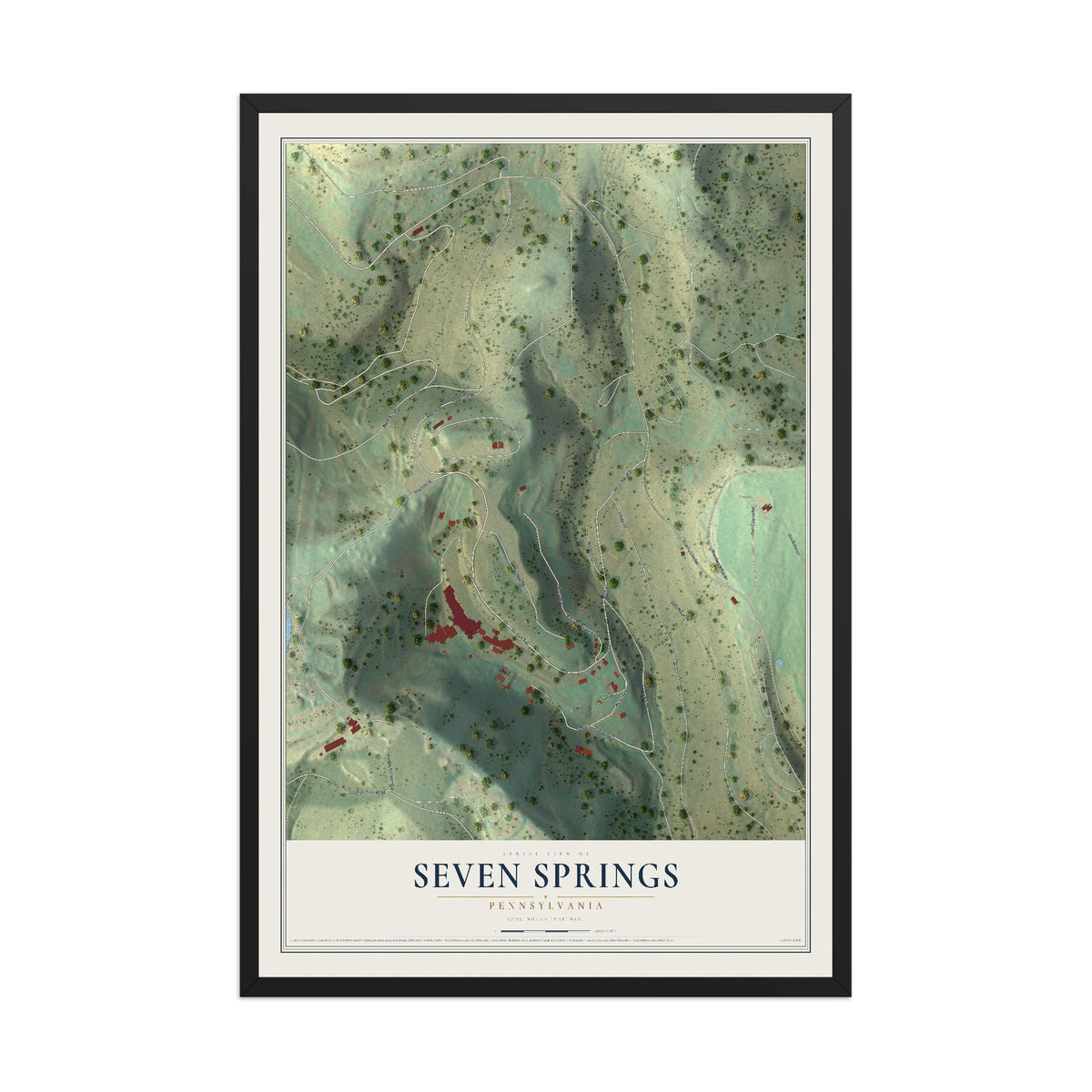 Map of Seven Springs, Pennsylvania, 12 x 18 inch print in a black wood frame
