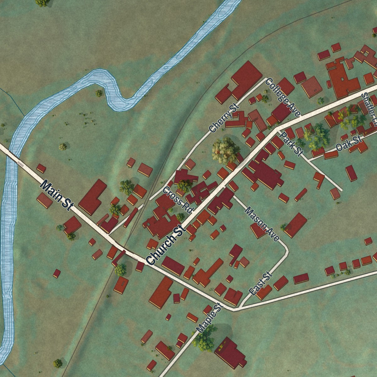 Close-up of the map of Seven Valleys, Pennsylvania print showing street and building detail