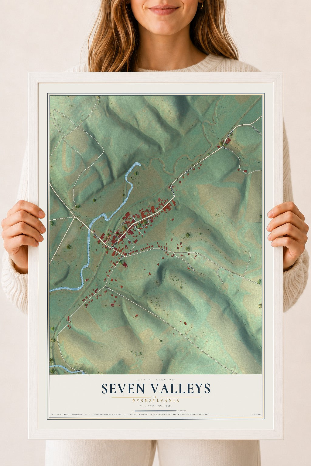 Map of Seven Valleys, Pennsylvania, 18 x 24 inch print in a white wood frame