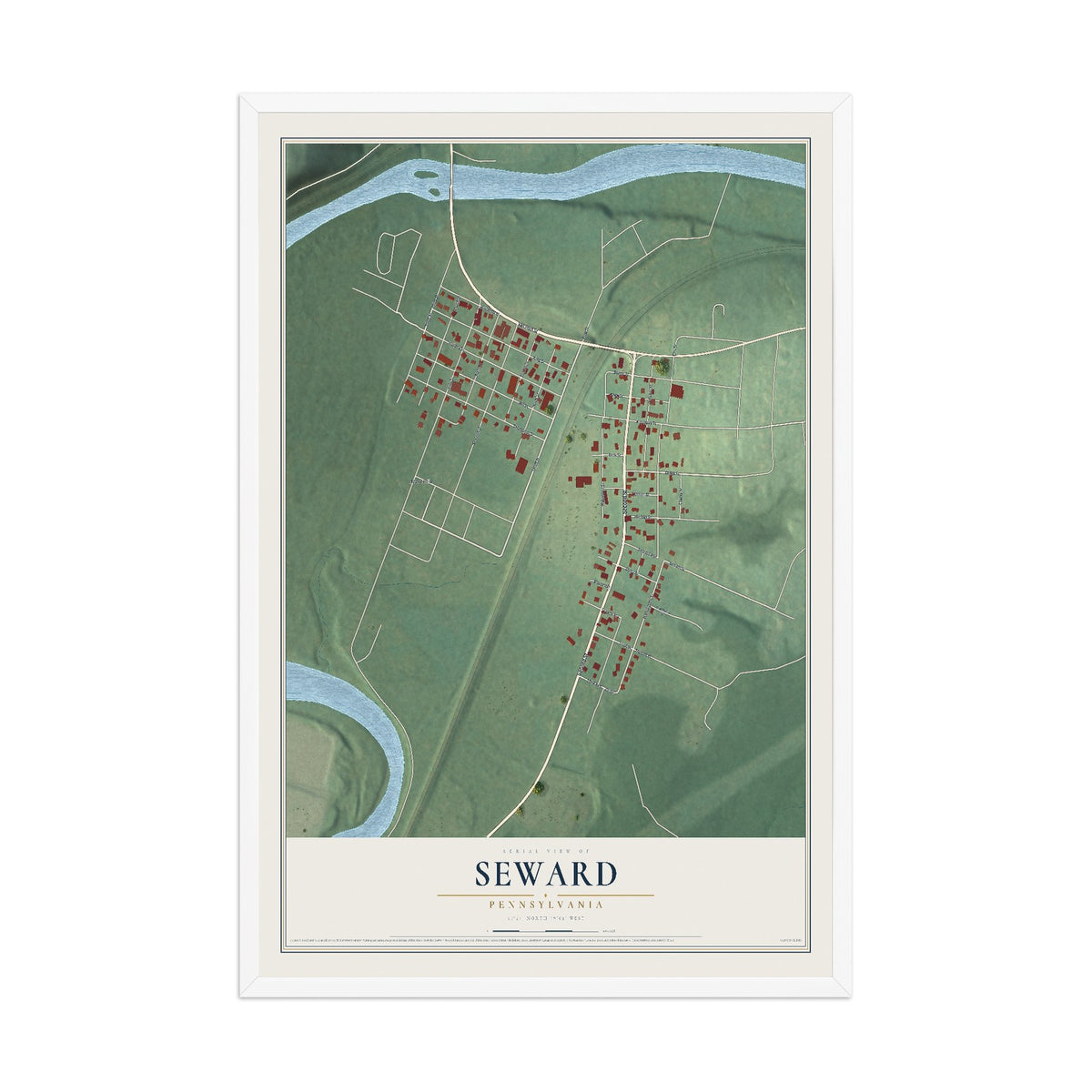 Map of Seward, Pennsylvania, 12 x 18 inch print in a white wood frame