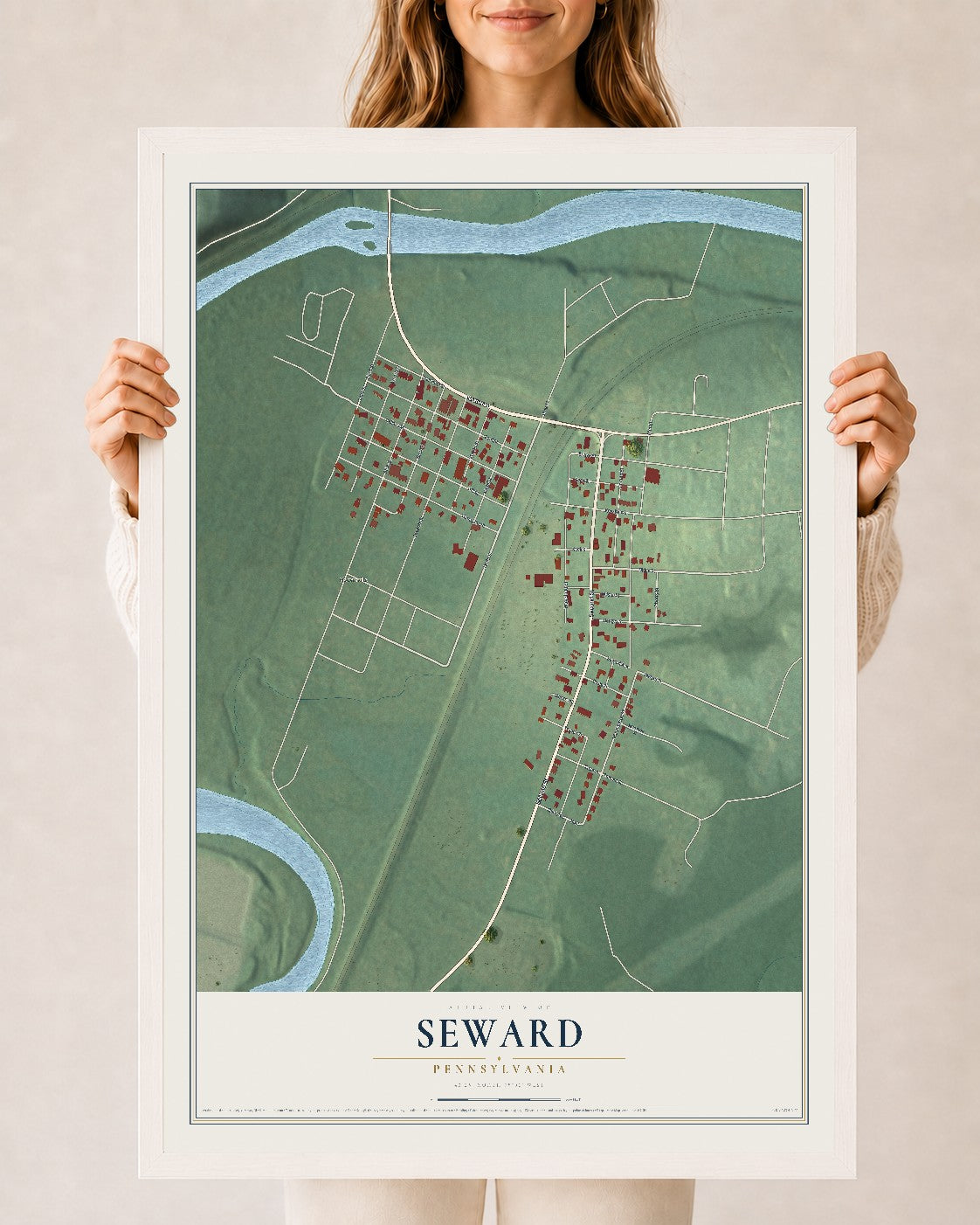 Map of Seward, Pennsylvania, 24 x 36 inch print in a white wood frame