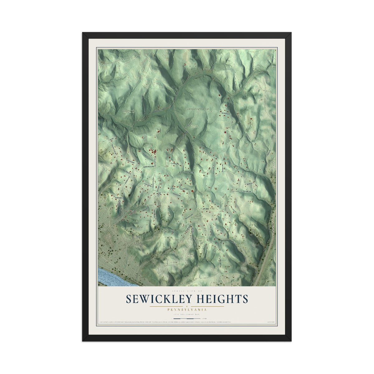 Map of Sewickley Heights, Pennsylvania, 12 x 18 inch print in a black wood frame