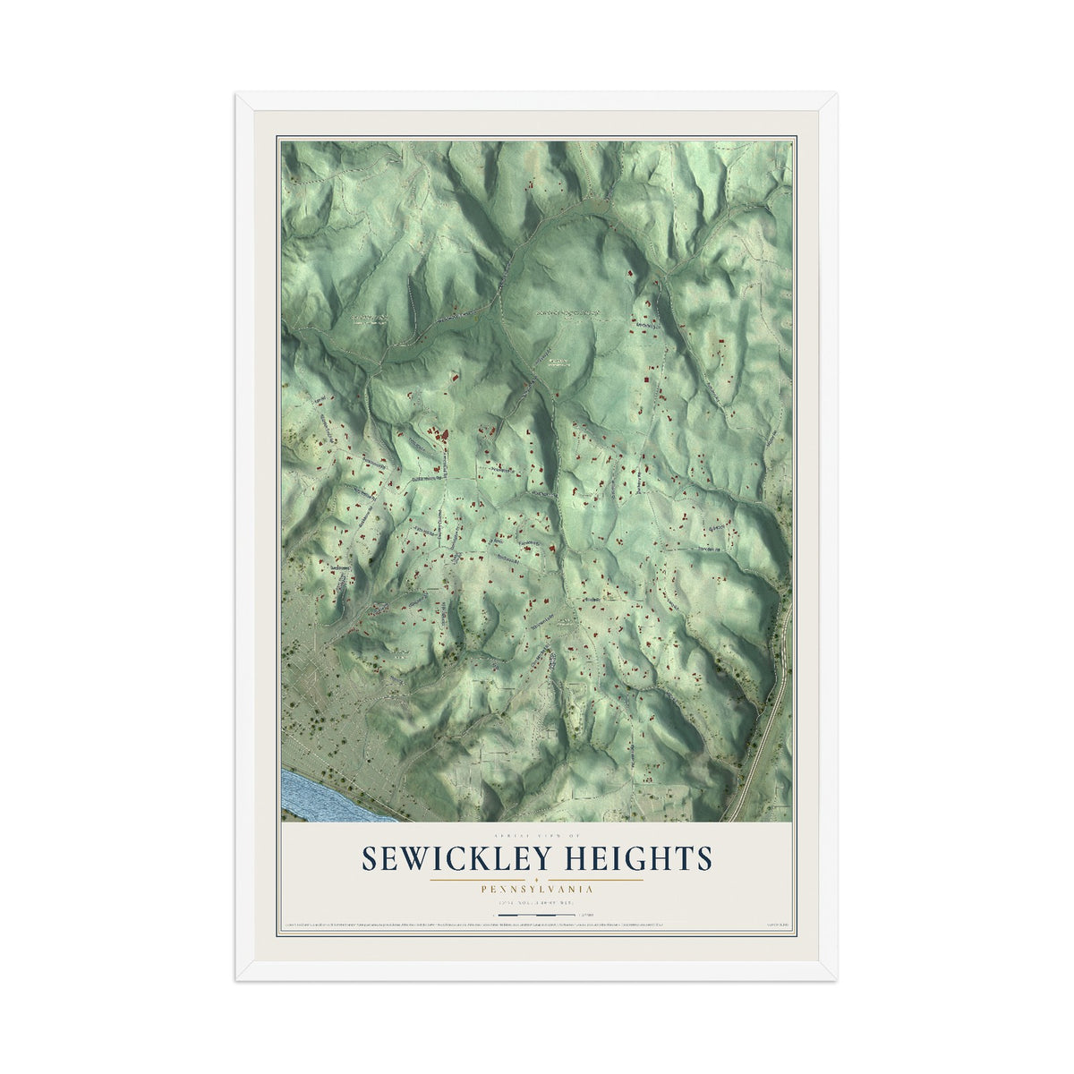 Map of Sewickley Heights, Pennsylvania, 12 x 18 inch print in a white wood frame
