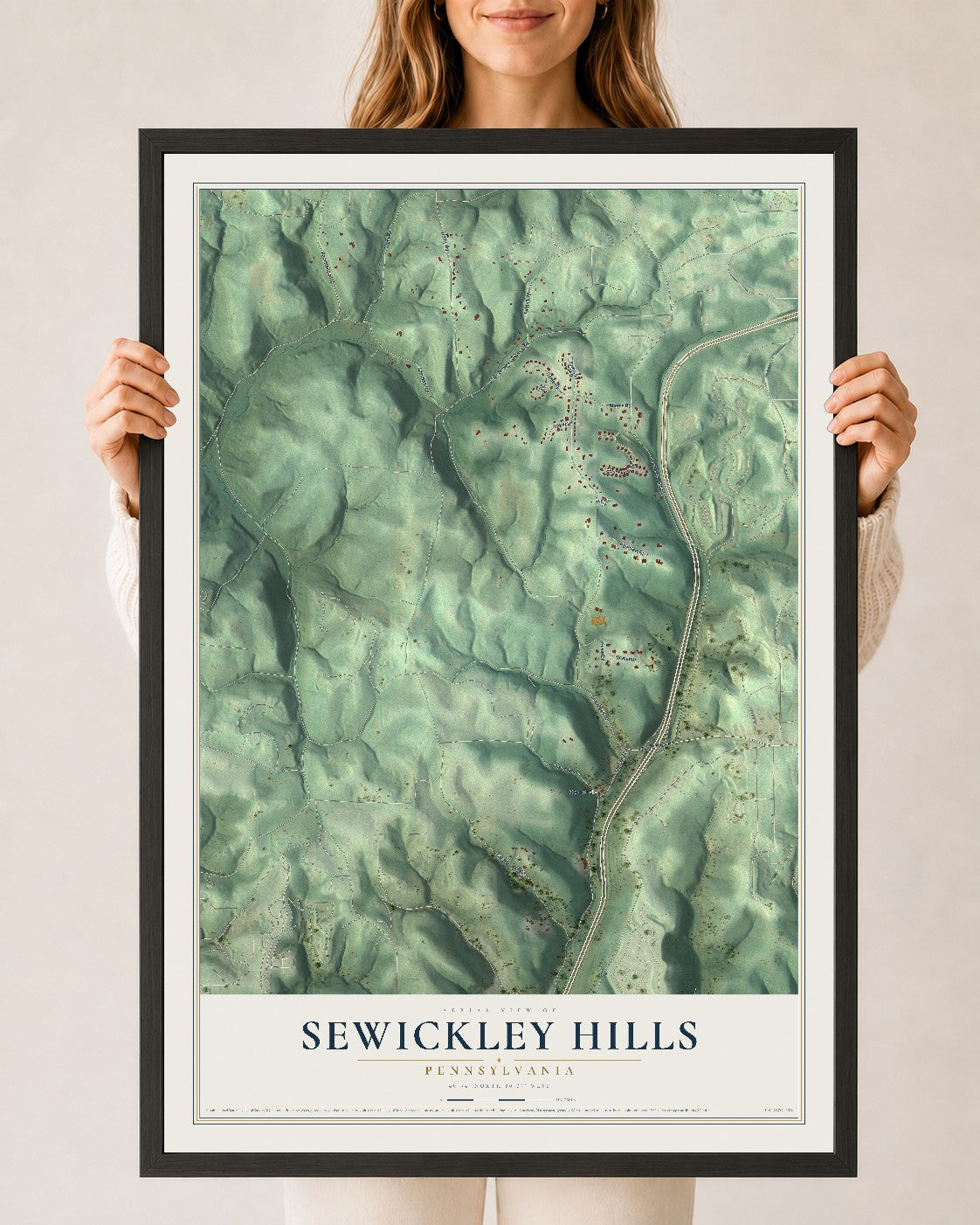 Map of Sewickley Hills, Pennsylvania, 24 x 36 inch print in a black wood frame