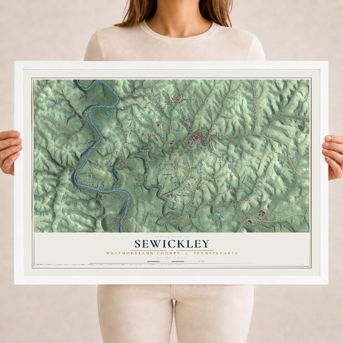 Map of Sewickley, Westmoreland County, Pennsylvania, 18 x 24 inch print in a white wood frame