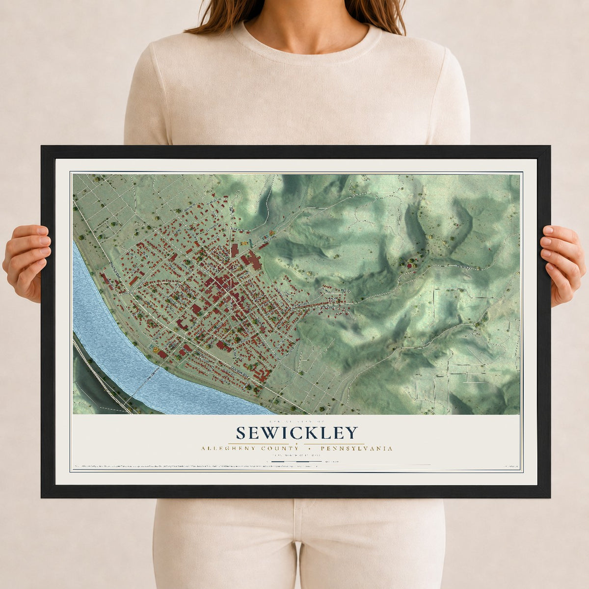 Map of Sewickley, Allegheny County, Pennsylvania, 12 x 18 inch print in a black wood frame