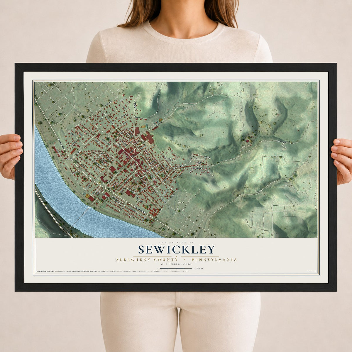 Map of Sewickley, Allegheny County, Pennsylvania, 18 x 24 inch print in a black wood frame