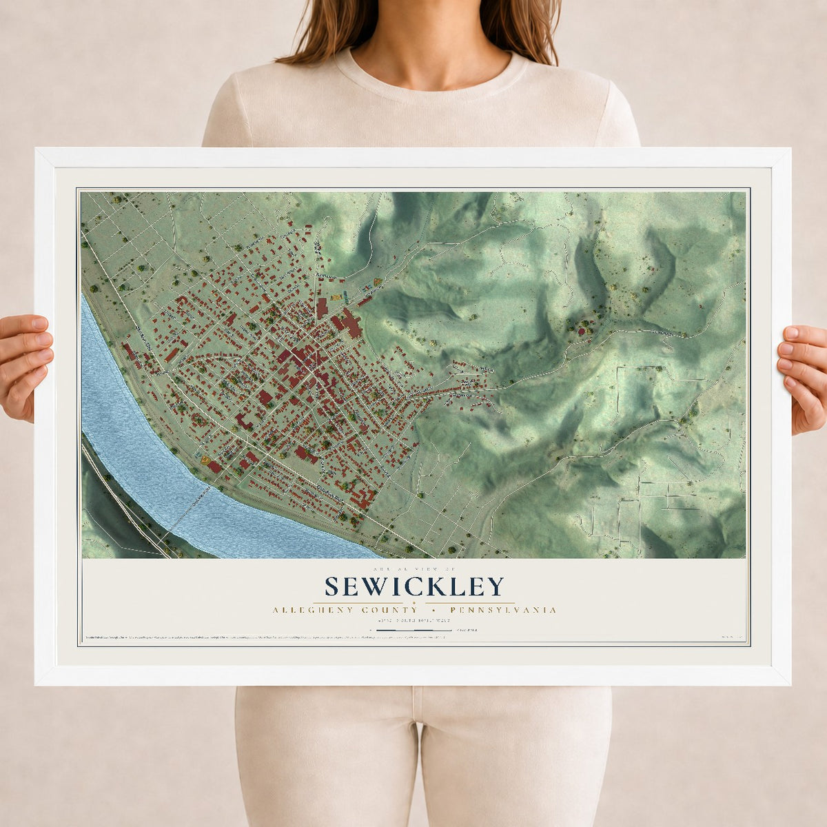 Map of Sewickley, Allegheny County, Pennsylvania, 18 x 24 inch print in a white wood frame