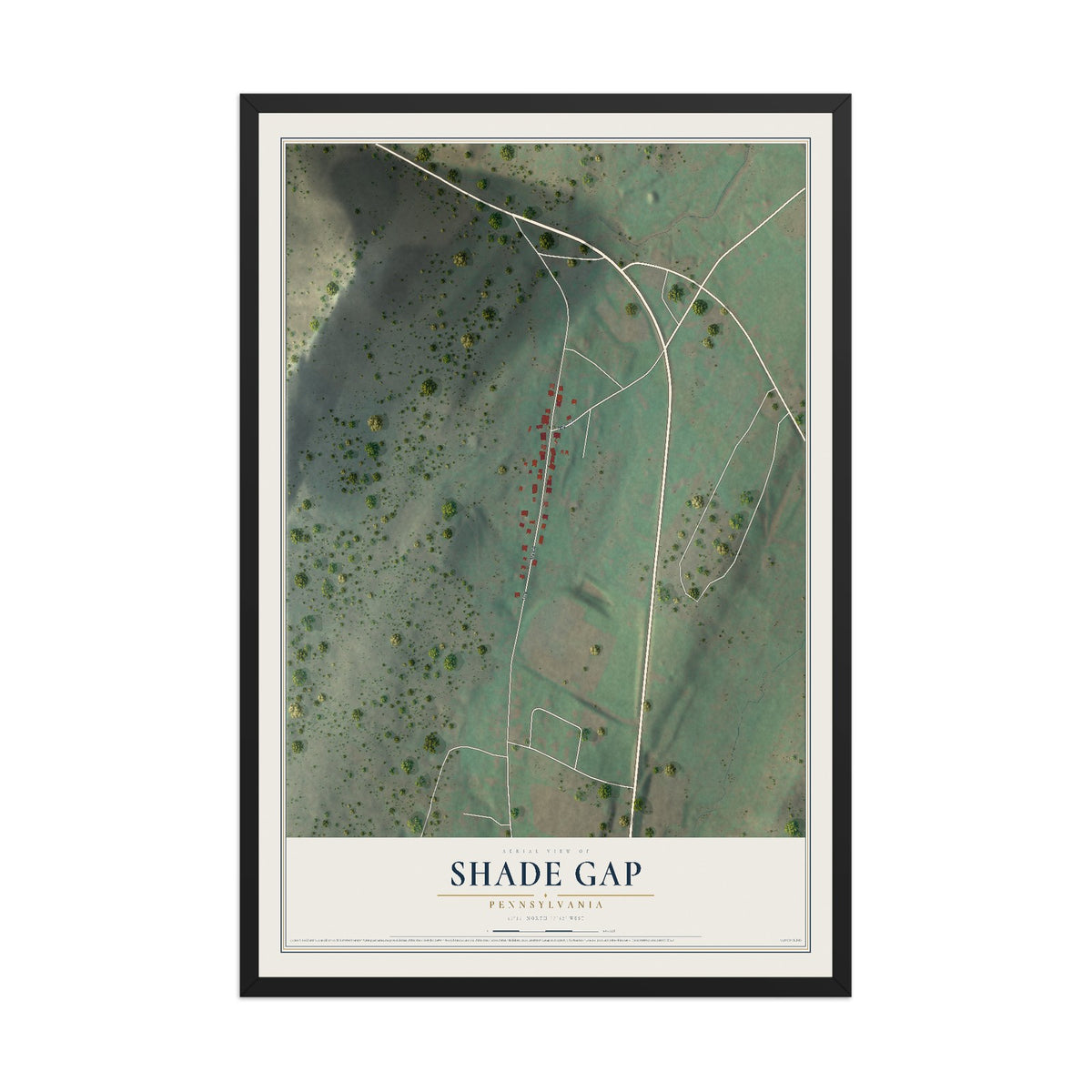 Map of Shade Gap, Pennsylvania, 12 x 18 inch print in a black wood frame