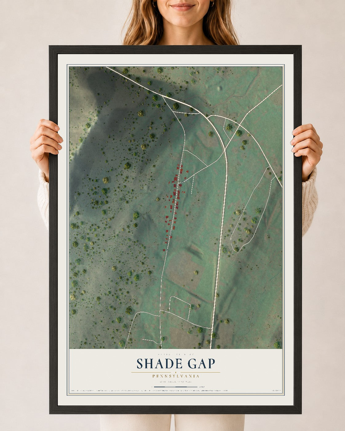 Map of Shade Gap, Pennsylvania, 24 x 36 inch print in a black wood frame