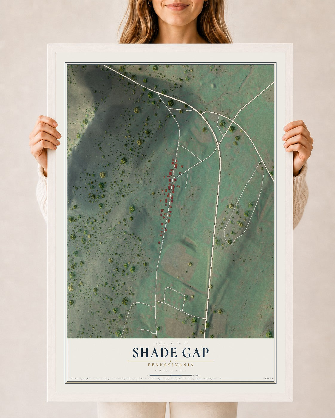 Map of Shade Gap, Pennsylvania, 24 x 36 inch print in a white wood frame