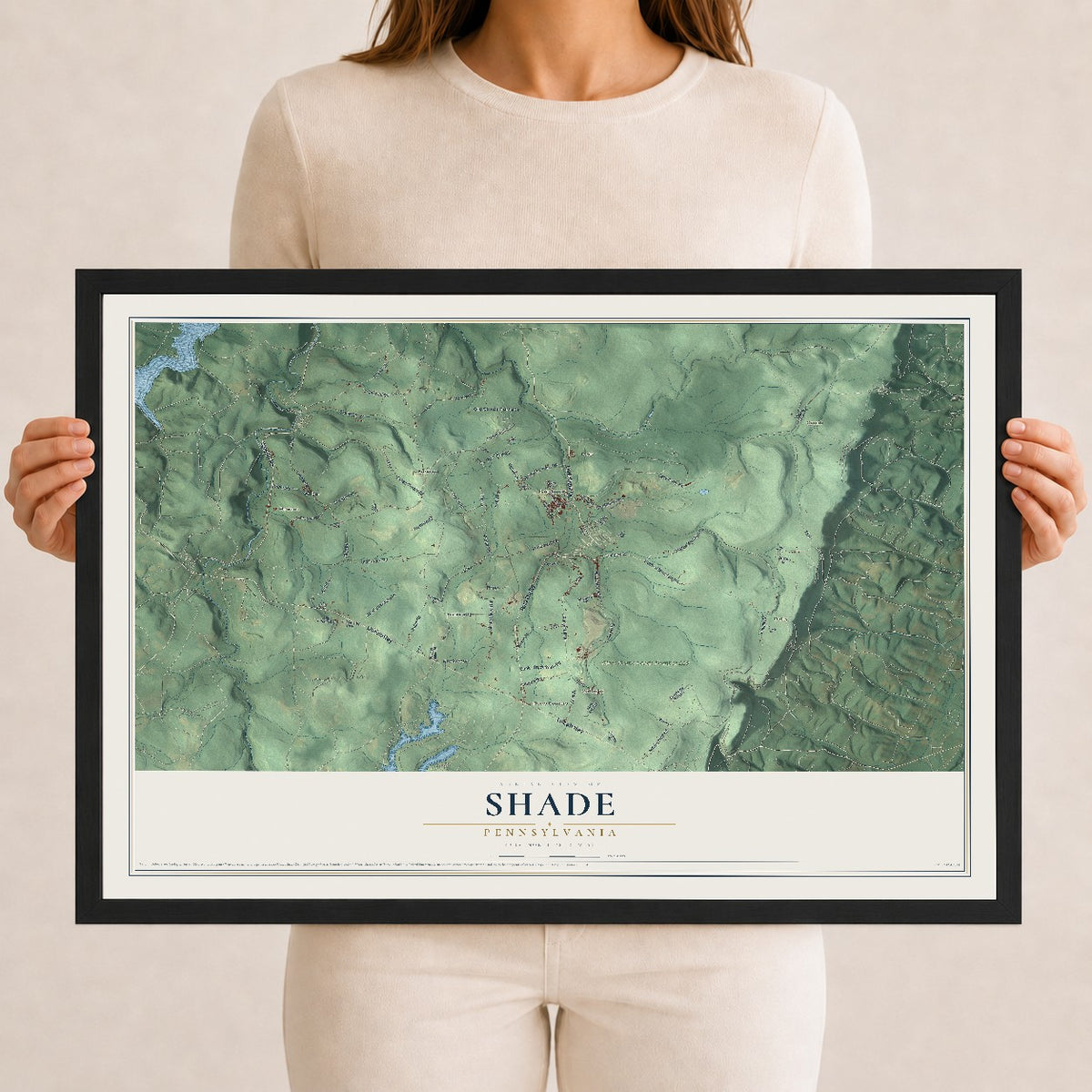 Map of Shade, Pennsylvania, 12 x 18 inch print in a black wood frame