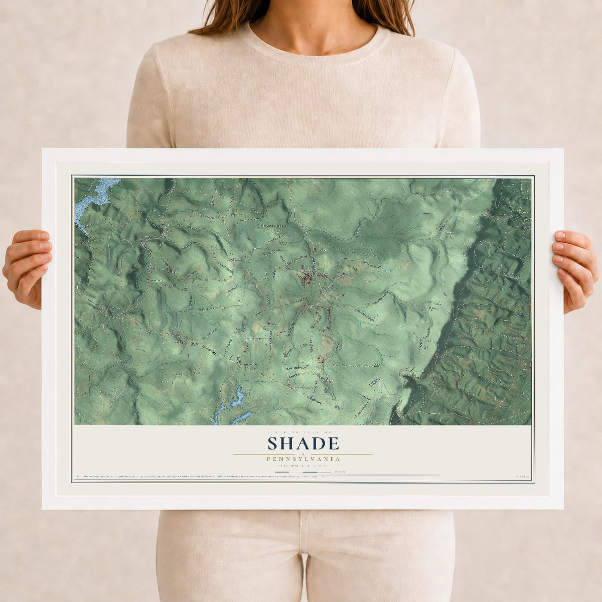 Map of Shade, Pennsylvania, 12 x 18 inch print in a white wood frame