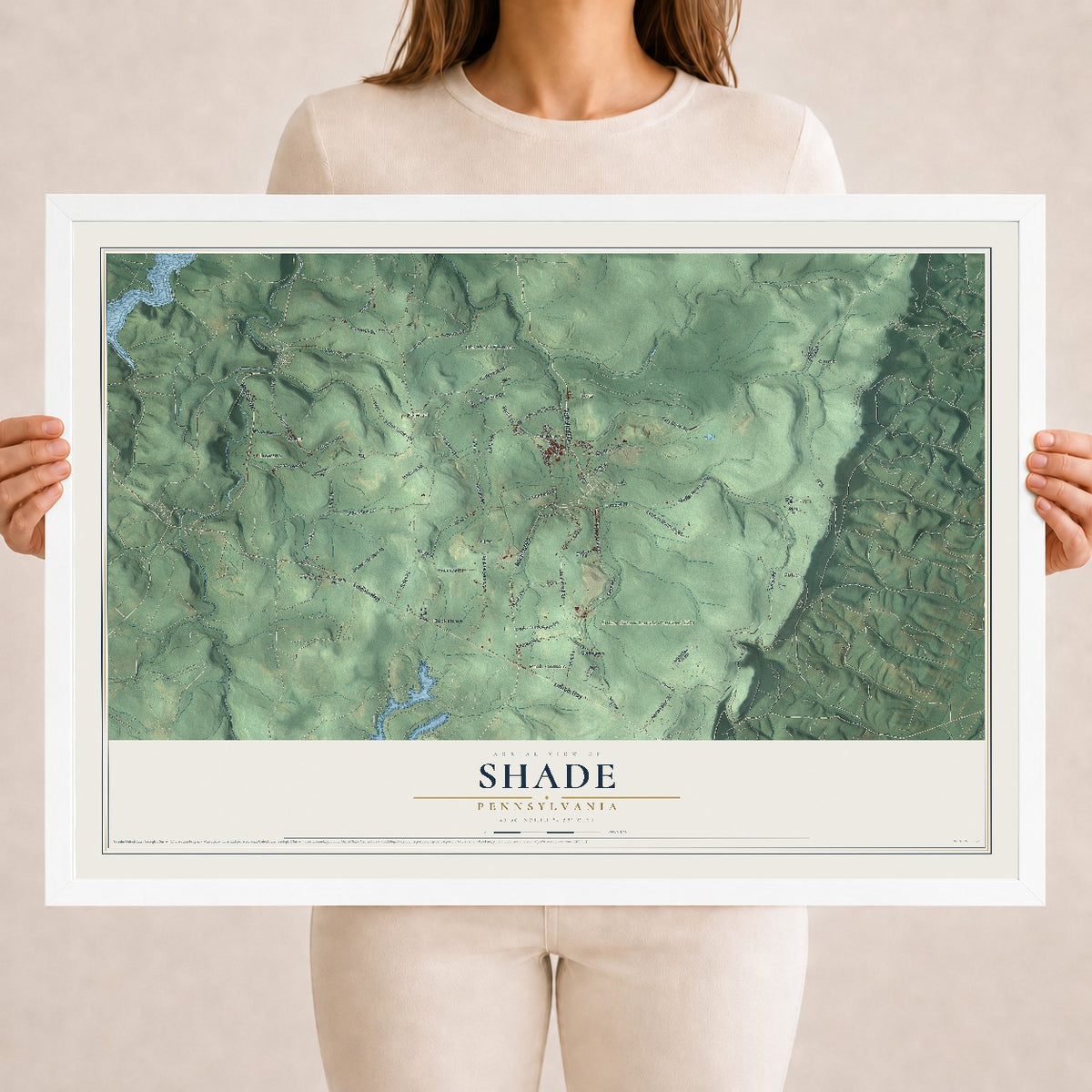 Map of Shade, Pennsylvania, 18 x 24 inch print in a white wood frame