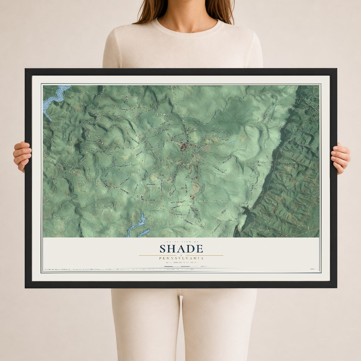 Map of Shade, Pennsylvania, 24 x 36 inch print in a black wood frame